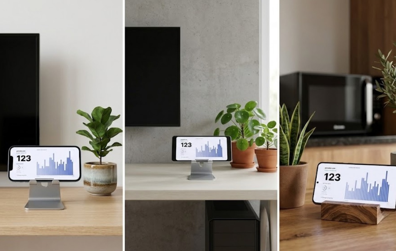 Realtime Users GA4 running on a phone propped up in a home office, a desk, and a kitchen counter
